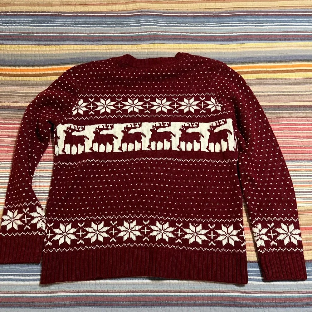 POL Burgundy Reindeer Snowflake‎ Fair Isle Knit Sweater Women's Size S
